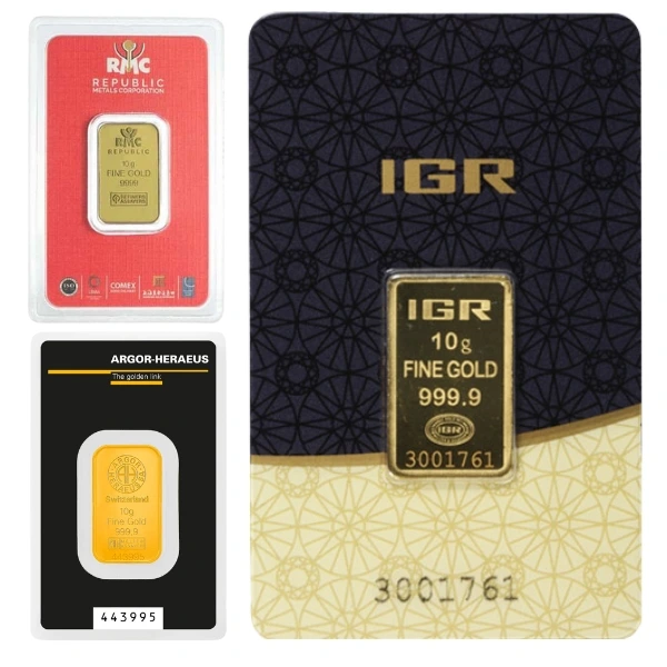 10 gram gold bar (inc. assay card) (circulated) – various brands 10 Gram Gold Bar with Assay Card – Various Brands