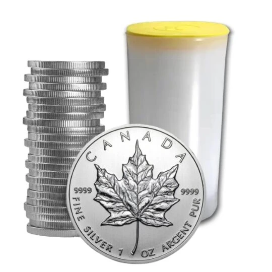 1 oz Random Year Silver Maple Tubes 1 oz Silver Maple Leaf tube random year 25 coins .9999 pure silver bullion